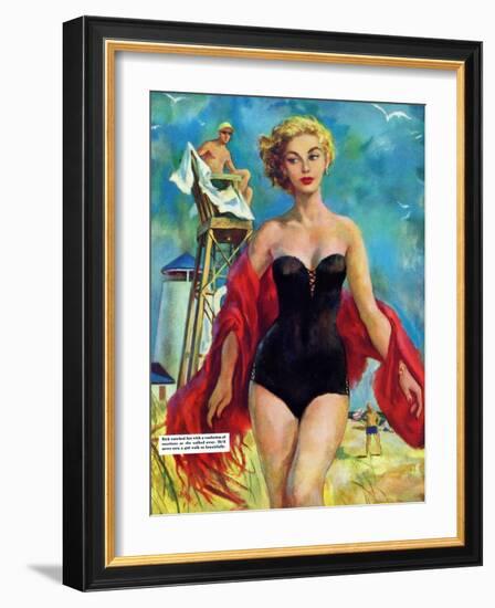 The Lifeguard & The Lady  - Saturday Evening Post "Leading Ladies", August 27, 1955 pg.24-Bn Stahl-Framed Giclee Print