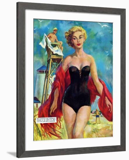 The Lifeguard & The Lady  - Saturday Evening Post "Leading Ladies", August 27, 1955 pg.24-Bn Stahl-Framed Giclee Print