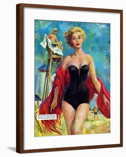 The Lifeguard & The Lady  - Saturday Evening Post "Leading Ladies", August 27, 1955 pg.24-Bn Stahl-Framed Giclee Print