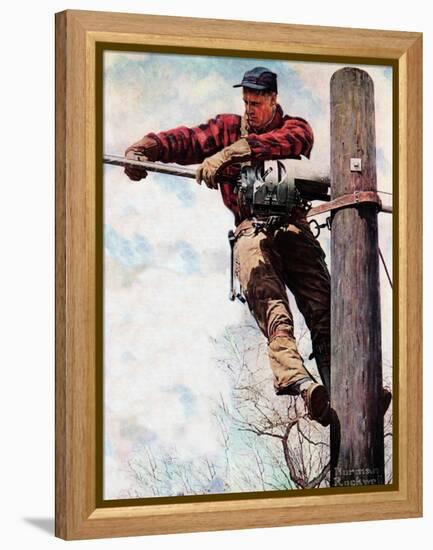 The Lineman (or Telephone Lineman on Pole)-Norman Rockwell-Framed Premier Image Canvas