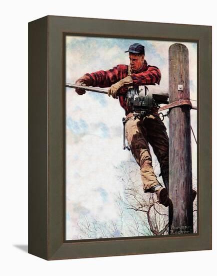 The Lineman (or Telephone Lineman on Pole)-Norman Rockwell-Framed Premier Image Canvas