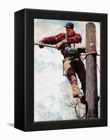 The Lineman (or Telephone Lineman on Pole)-Norman Rockwell-Framed Premier Image Canvas