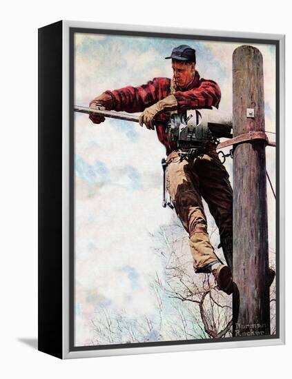 The Lineman (or Telephone Lineman on Pole)-Norman Rockwell-Framed Premier Image Canvas