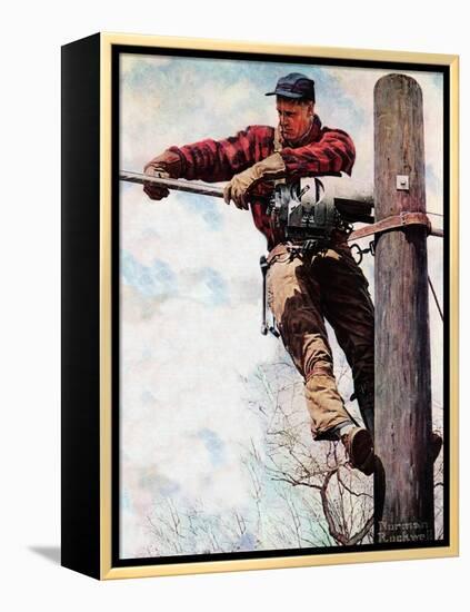 The Lineman (or Telephone Lineman on Pole)-Norman Rockwell-Framed Premier Image Canvas