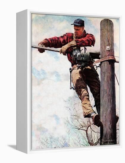 The Lineman (or Telephone Lineman on Pole)-Norman Rockwell-Framed Premier Image Canvas