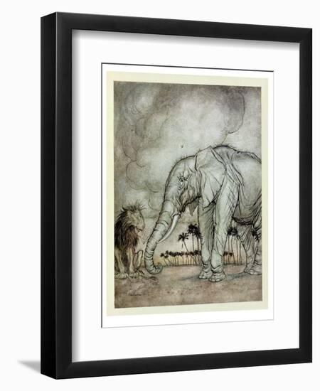 The Lion, Jupiter and the Elephant, Illustration from 'Aesop's Fables', Published by Heinemann,…-Arthur Rackham-Framed Giclee Print