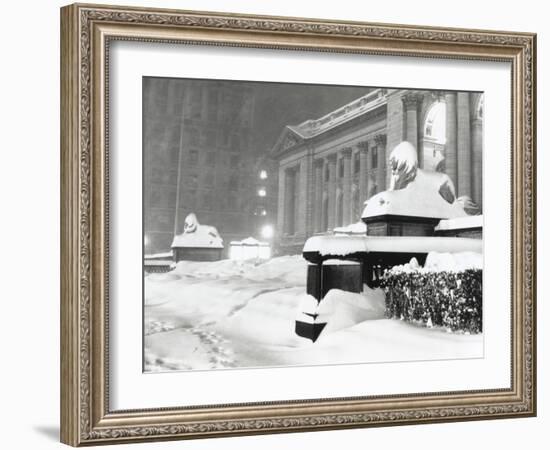 The Lion Statues at the New York Public Library Covered with Snow During the Record Snowfall-null-Framed Photo