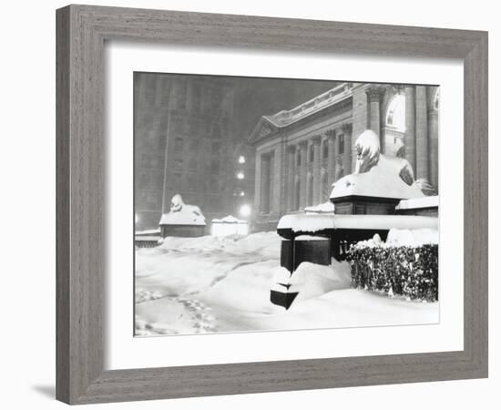 The Lion Statues at the New York Public Library Covered with Snow During the Record Snowfall-null-Framed Photo