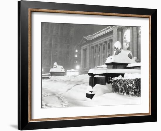 The Lion Statues at the New York Public Library Covered with Snow During the Record Snowfall-null-Framed Photo