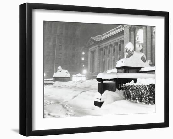 The Lion Statues at the New York Public Library Covered with Snow During the Record Snowfall-null-Framed Photo