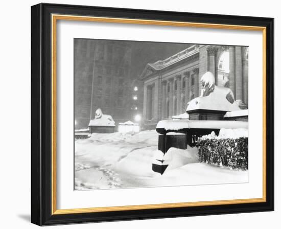 The Lion Statues at the New York Public Library Covered with Snow During the Record Snowfall-null-Framed Photo