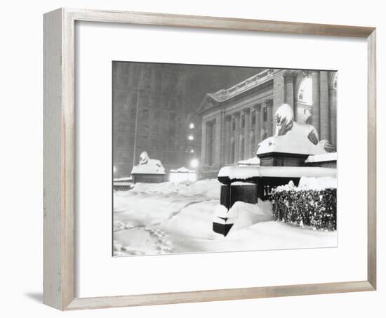 The Lion Statues at the New York Public Library Covered with Snow During the Record Snowfall-null-Framed Photo