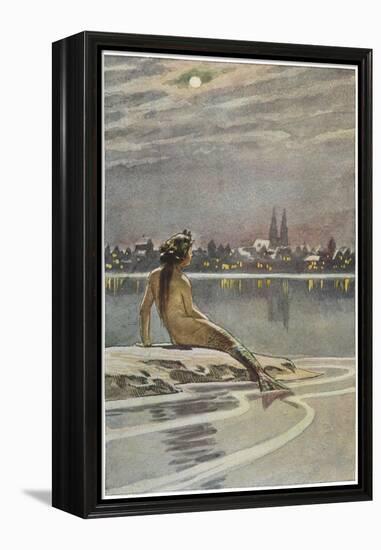 The Little Mermaid Sits on a Rock and Gazes at the Lights of the Distant Town-Paul Hey-Framed Premier Image Canvas