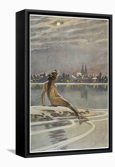 The Little Mermaid Sits on a Rock and Gazes at the Lights of the Distant Town-Paul Hey-Framed Premier Image Canvas