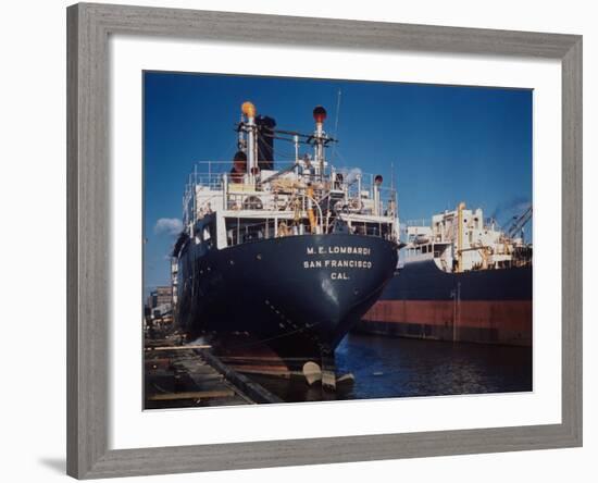 The M.E. Lombardi Docked Next to Esso Oil Tanker Little Rock at Shipyards-Dmitri Kessel-Framed Premium Photographic Print