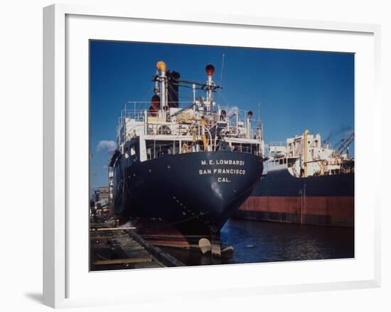 The M.E. Lombardi Docked Next to Esso Oil Tanker Little Rock at Shipyards-Dmitri Kessel-Framed Premium Photographic Print