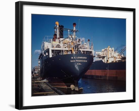 The M.E. Lombardi Docked Next to Esso Oil Tanker Little Rock at Shipyards-Dmitri Kessel-Framed Premium Photographic Print