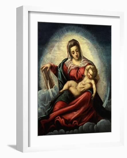 The Madonna and Child in a Mandorla on a Cresent Moon and Clouds, with the Book of Wisdom-Jacopo Robusti Tintoretto-Framed Giclee Print