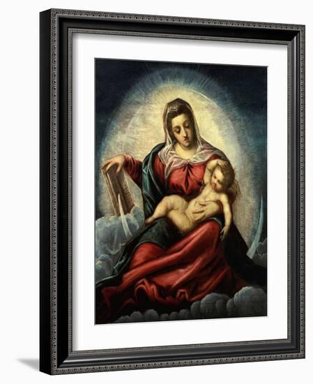 The Madonna and Child in a Mandorla on a Cresent Moon and Clouds, with the Book of Wisdom-Jacopo Robusti Tintoretto-Framed Giclee Print