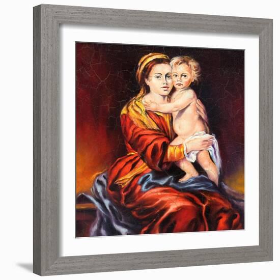 The Madonna With The Child, Drawn By Oil On A Canvas-balaikin2009-Framed Art Print