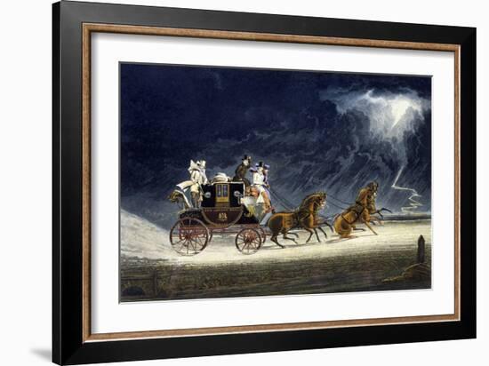 The Mail Coach in a Thunderstorm, Engraved by R.G. Reeve, 1827-James Pollard-Framed Giclee Print