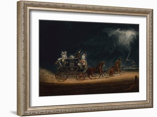 The Mail Coach in a Thunderstorm on Newmarket Heath, 1827 (Coloured Engraving)-James Pollard-Framed Giclee Print