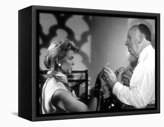 THE MAN WHO KNEW TOO MUCH, 1956 On the set, Alfred Hitchcock directs Doris Day (b/w photo)-null-Framed Stretched Canvas