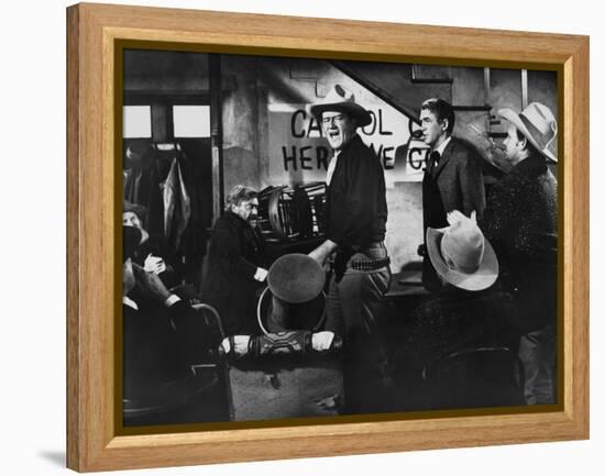 THE MAN WHO SHOT LIBERTY VALANCE, 1962 directed by JOHN FORD John Wayne and James Stewart (b/w phot-null-Framed Stretched Canvas