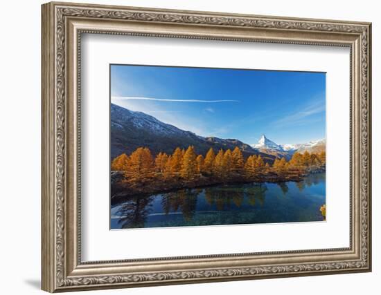 The Matterhorn, 4478m, and Grindjisee mountain lake in autumn, Zermatt, Valais, Swiss Alps, Switzer-Christian Kober-Framed Photographic Print