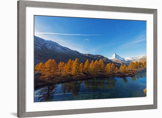 The Matterhorn, 4478m, and Grindjisee mountain lake in autumn, Zermatt, Valais, Swiss Alps, Switzer-Christian Kober-Framed Photographic Print