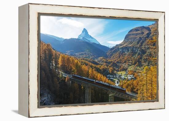 The Matterhorn, 4478m, Findelbach bridge and the Glacier Express Gornergrat, Zermatt, Valais, Swiss-Christian Kober-Framed Premier Image Canvas