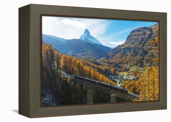 The Matterhorn, 4478m, Findelbach bridge and the Glacier Express Gornergrat, Zermatt, Valais, Swiss-Christian Kober-Framed Premier Image Canvas