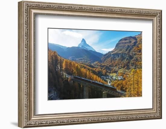 The Matterhorn, 4478m, Findelbach bridge and the Glacier Express Gornergrat, Zermatt, Valais, Swiss-Christian Kober-Framed Photographic Print