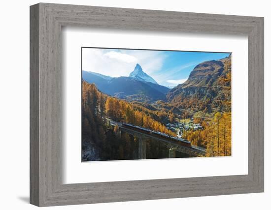 The Matterhorn, 4478m, Findelbach bridge and the Glacier Express Gornergrat, Zermatt, Valais, Swiss-Christian Kober-Framed Photographic Print