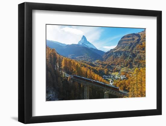 The Matterhorn, 4478m, Findelbach bridge and the Glacier Express Gornergrat, Zermatt, Valais, Swiss-Christian Kober-Framed Photographic Print