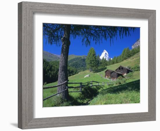 The Matterhorn Towering Above Green Pastures and Wooden Huts, Swiss Alps, Switzerland-Ruth Tomlinson-Framed Photographic Print