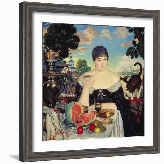 The Merchant's Wife at Tea, 1918-Boris Kustodiyev-Framed Giclee Print