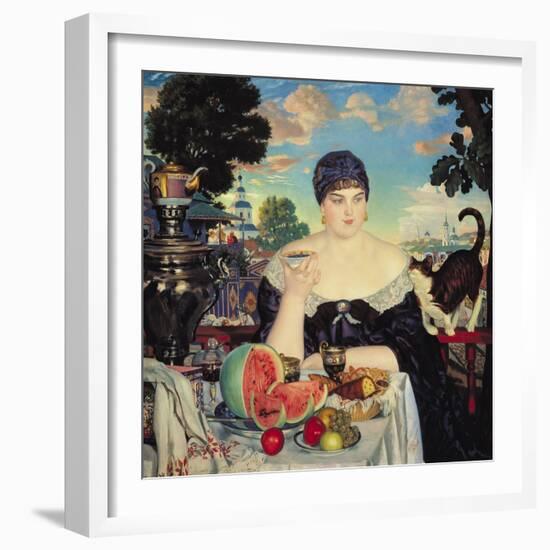 The Merchant's Wife at Tea, 1918-Boris Kustodiyev-Framed Giclee Print