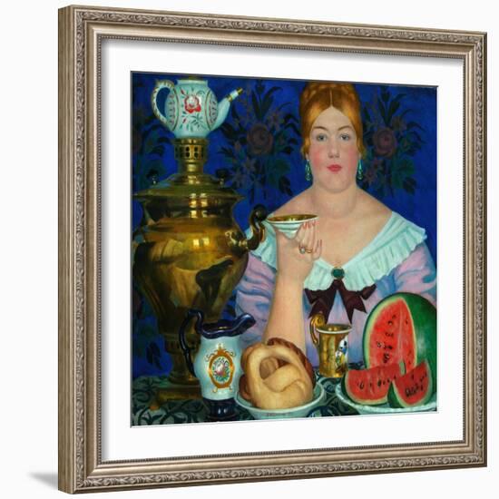 The Merchant's Wife Drinking Tea, 1923-Boris Michaylovich Kustodiev-Framed Giclee Print