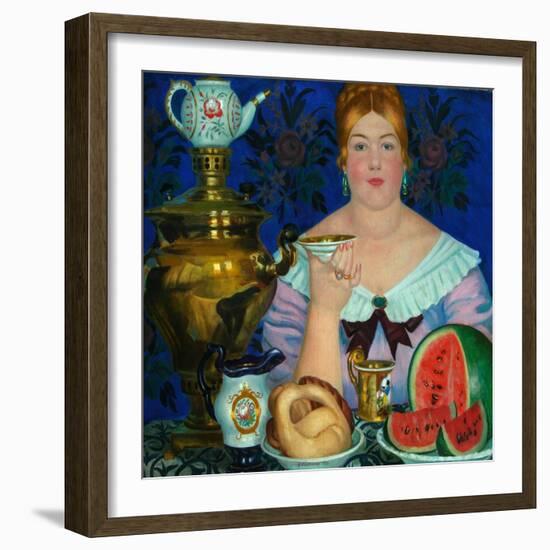 The Merchant's Wife Drinking Tea, 1923-Boris Michaylovich Kustodiev-Framed Giclee Print