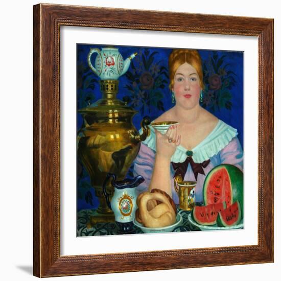 The Merchant's Wife Drinking Tea, 1923-Boris Michaylovich Kustodiev-Framed Giclee Print