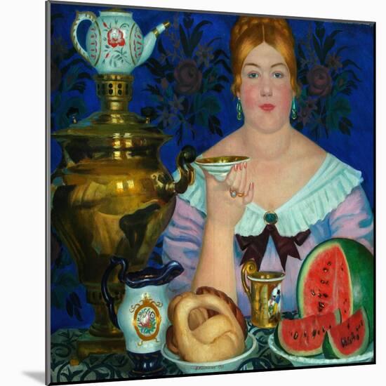 The Merchant's Wife Drinking Tea, 1923-Boris Michaylovich Kustodiev-Mounted Giclee Print