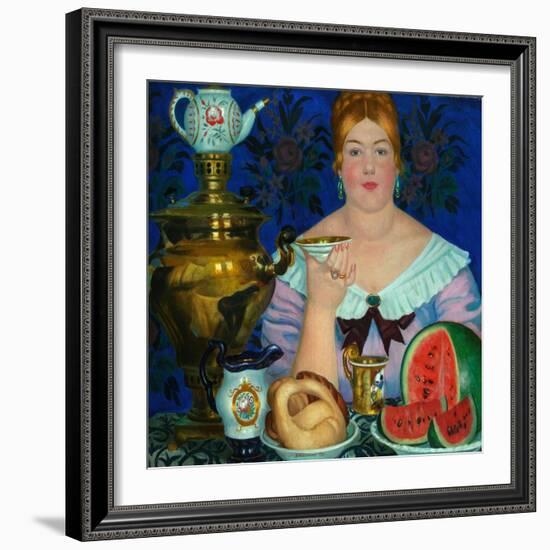 The Merchant's Wife Drinking Tea, 1923-Boris Michaylovich Kustodiev-Framed Giclee Print