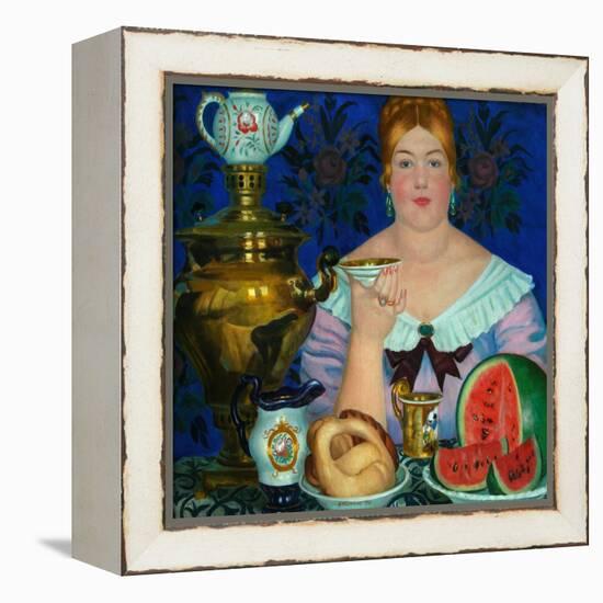 The Merchant's Wife Drinking Tea, 1923-Boris Michaylovich Kustodiev-Framed Premier Image Canvas