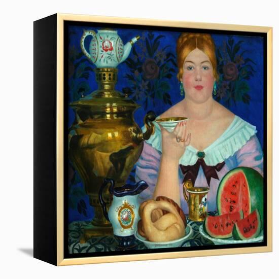 The Merchant's Wife Drinking Tea, 1923-Boris Michaylovich Kustodiev-Framed Premier Image Canvas