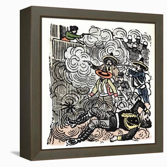 The Mexican Revolution (1910-1920): Assault on the House of Aquiles Serdan (1876-1910). Xylography-Jose Guadalupe Posada-Framed Premier Image Canvas