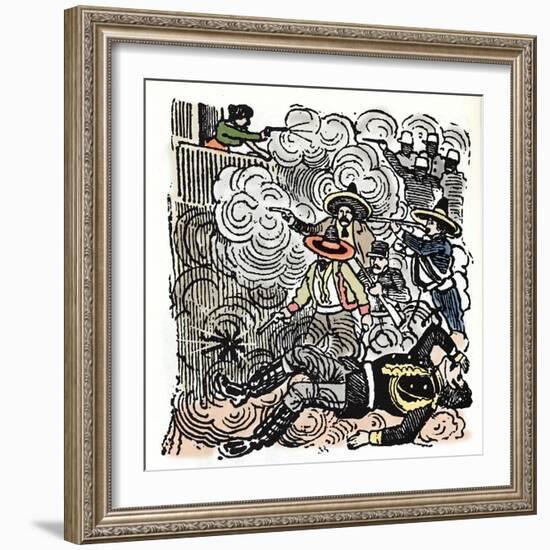 The Mexican Revolution (1910-1920): Assault on the House of Aquiles Serdan (1876-1910). Xylography-Jose Guadalupe Posada-Framed Giclee Print