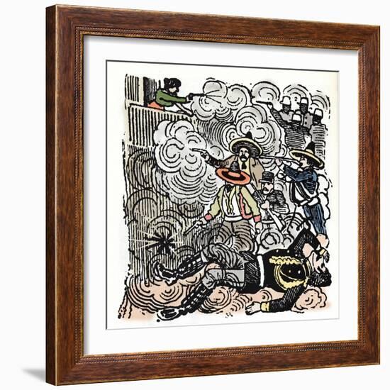 The Mexican Revolution (1910-1920): Assault on the House of Aquiles Serdan (1876-1910). Xylography-Jose Guadalupe Posada-Framed Giclee Print