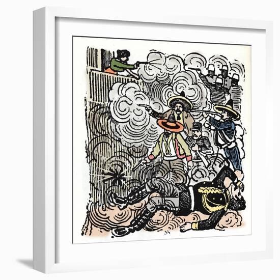 The Mexican Revolution (1910-1920): Assault on the House of Aquiles Serdan (1876-1910). Xylography-Jose Guadalupe Posada-Framed Giclee Print