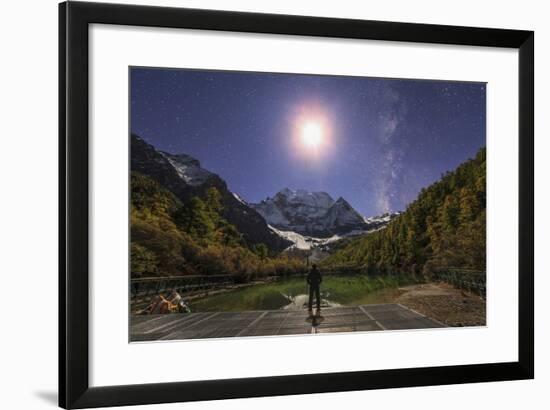 The Milky Way and Waxing Cresent Moon over Mount Chenrezig in China-Stocktrek Images-Framed Photographic Print